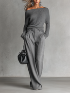 Minimal Elegant One Shoulder Knit Co-Ord Pants Set