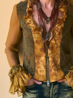 Vintage Boho Lace Panel Chiffon Zip Blouse Top