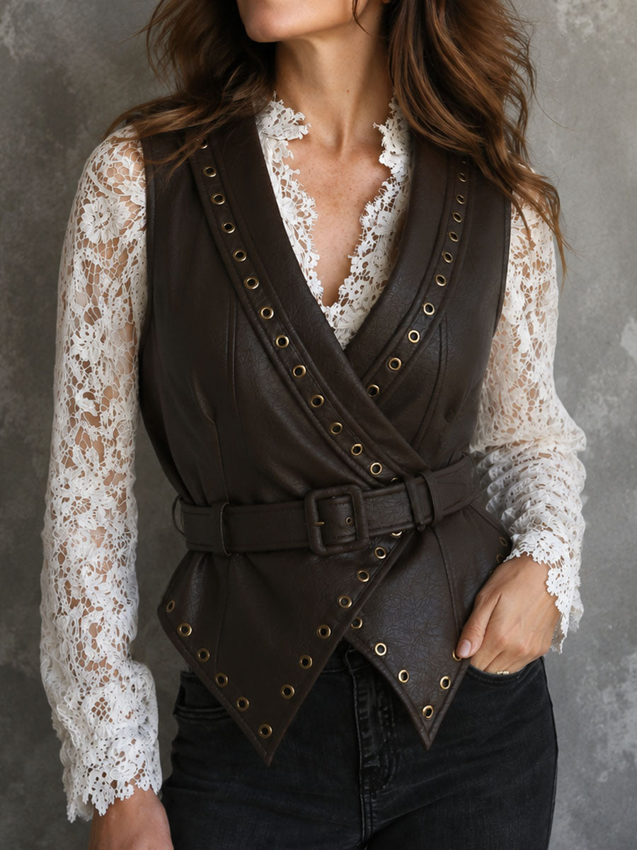 Vintage Dark Brown Faux LeatherWrap Belted Vest With Eyelet Trim