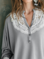 Refined Mist Gray Lace Yoke Blouse