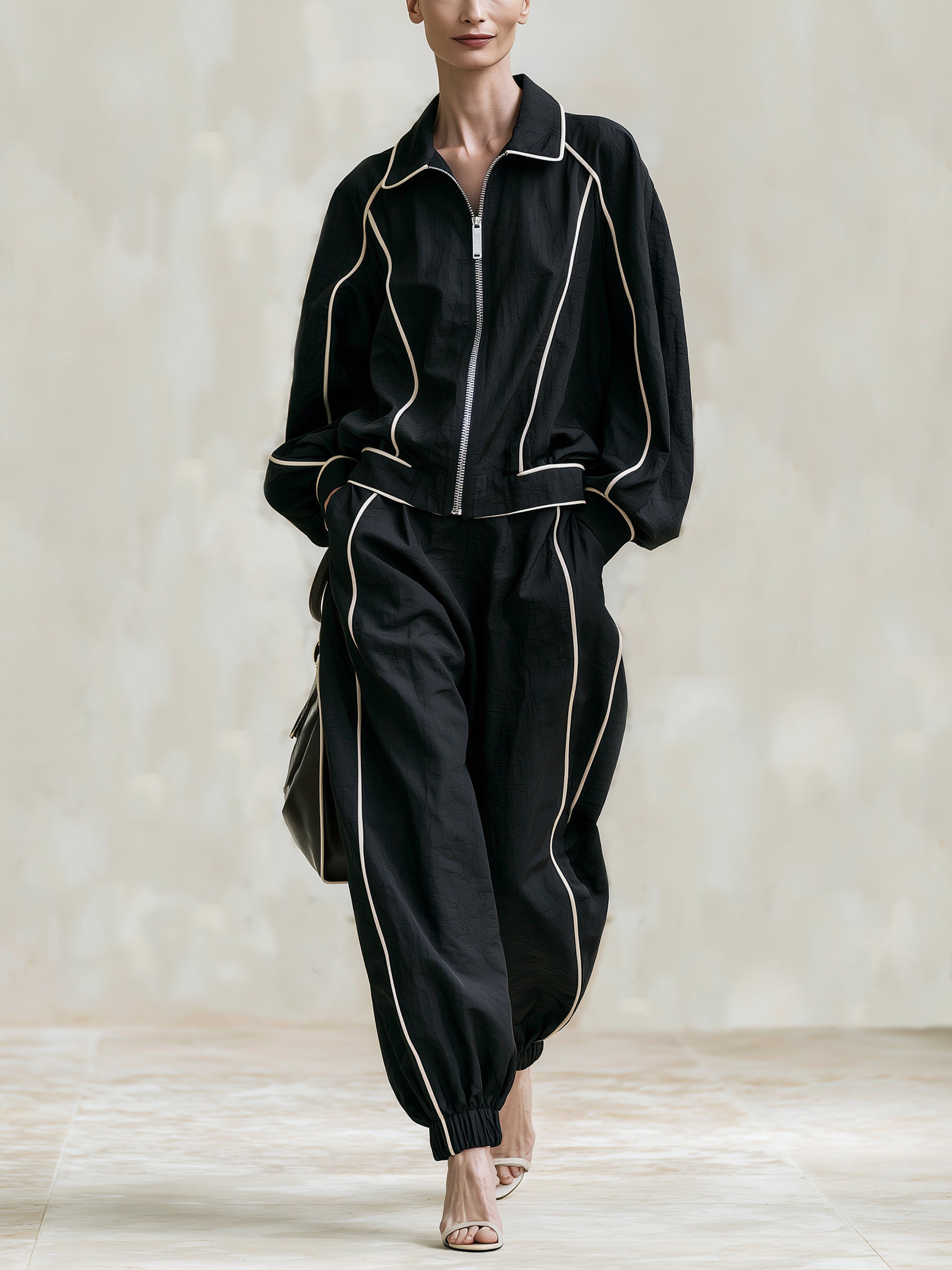 Black Contrast Piping Zip-Up Jacket & Jogger Set – Luxury Oversized Track Suit For Women