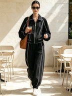 Black Contrast Piping Zip-Up Jacket & Jogger Set – Luxury Oversized Track Suit For Women