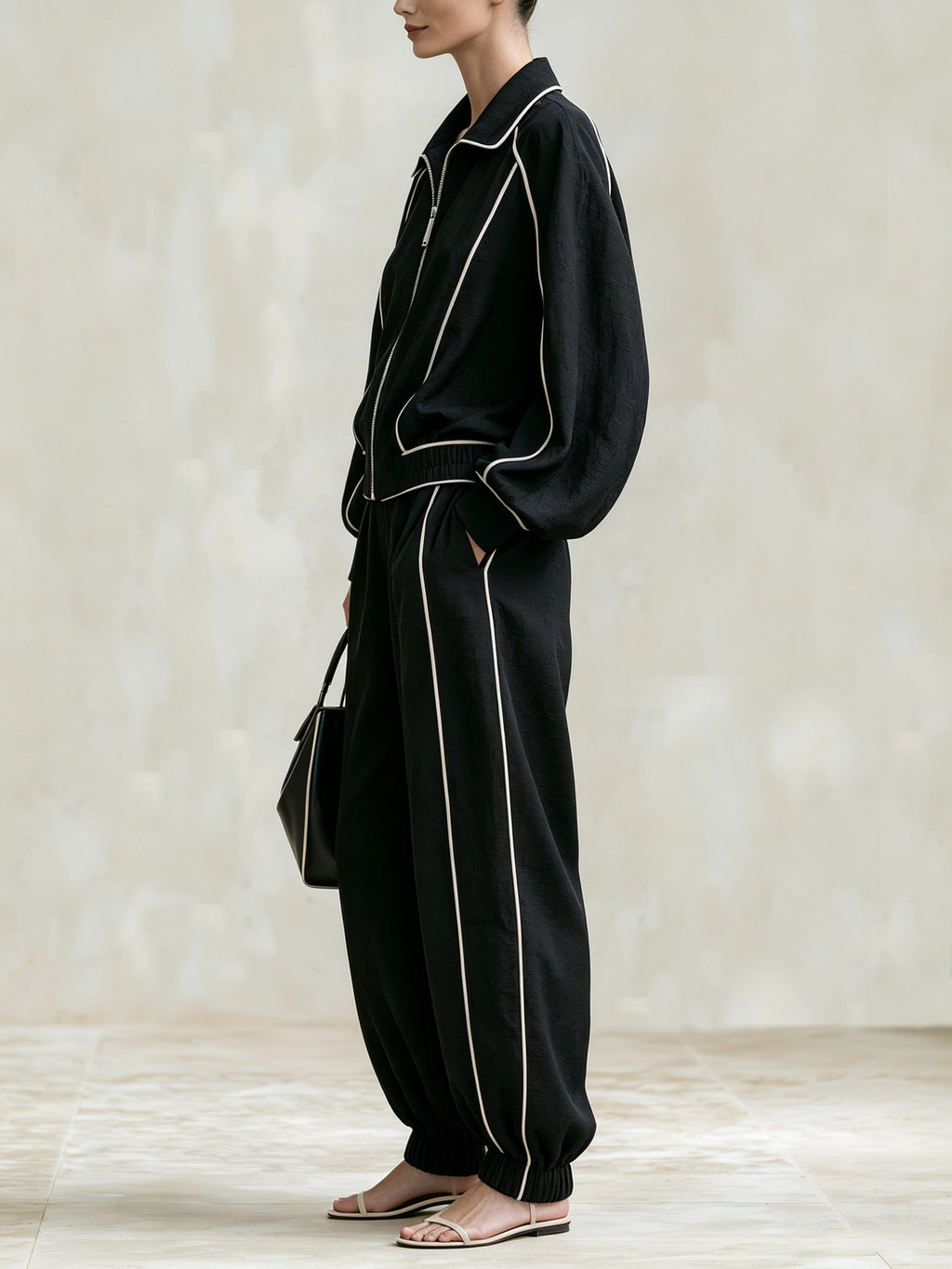 Black Contrast Piping Zip-Up Jacket & Jogger Set – Luxury Oversized Track Suit For Women