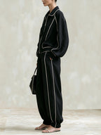 Black Contrast Piping Zip-Up Jacket & Jogger Set – Luxury Oversized Track Suit For Women