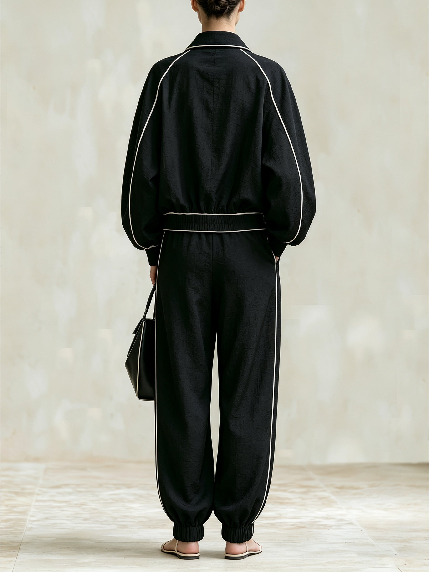 Black Contrast Piping Zip-Up Jacket & Jogger Set – Luxury Oversized Track Suit For Women