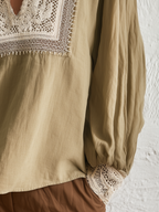 Elegant Khaki Lace Panel Blouse