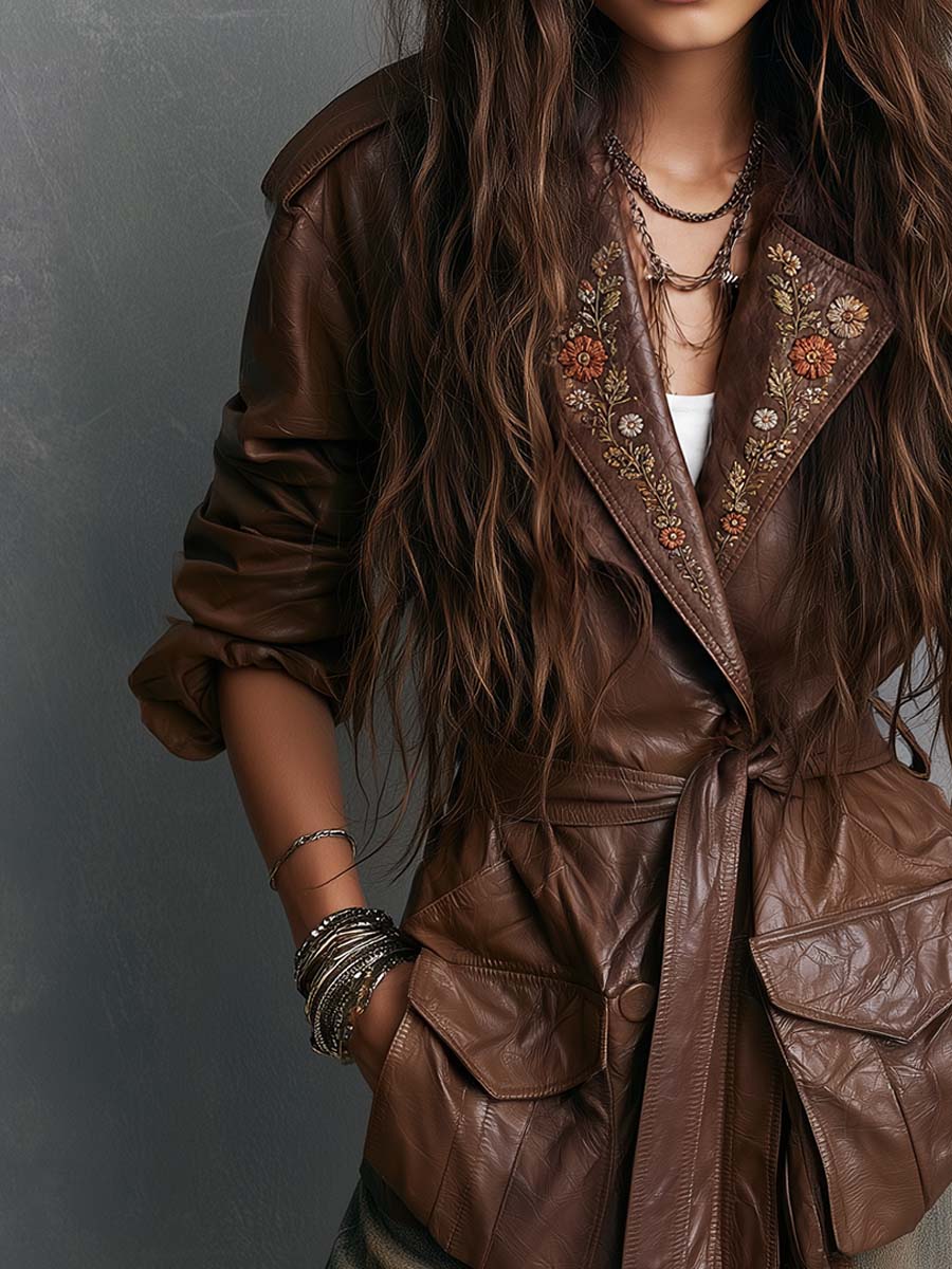 Boho Brown Floral Embroidered Tie-Waist Jacket