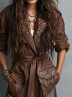 Boho Brown Floral Embroidered Tie-Waist Jacket