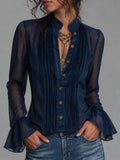 Stand Collar Pleated Front Button Down Flare Cuff Long Sleevs Sheer Chiffon Blouse