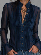 Stand Collar Pleated Front Button Down Flare Cuff Long Sleevs Sheer Chiffon Blouse