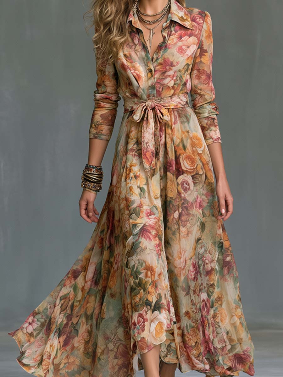 Vintage Floral Belted Shirt Maxi Dress