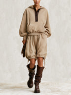 Khaki Hooded Utility Two-piece Set—loose-fitting Pullover Sweatshirt And Casual Shorts.
