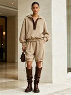 Khaki Hooded Utility Two-piece Set—loose-fitting Pullover Sweatshirt And Casual Shorts.