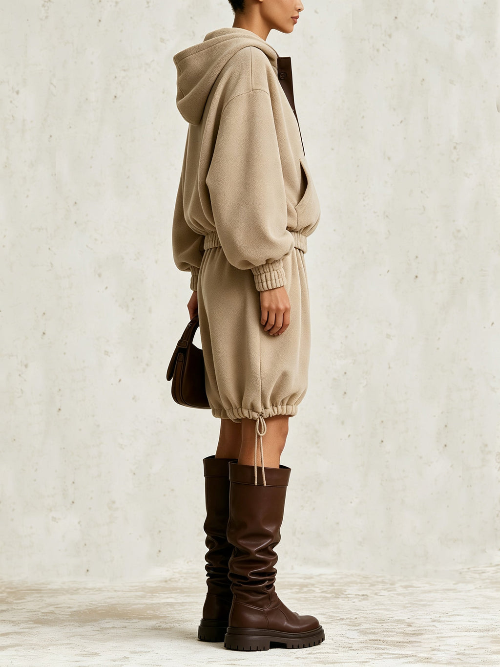Khaki Hooded Utility Two-piece Set—loose-fitting Pullover Sweatshirt And Casual Shorts.
