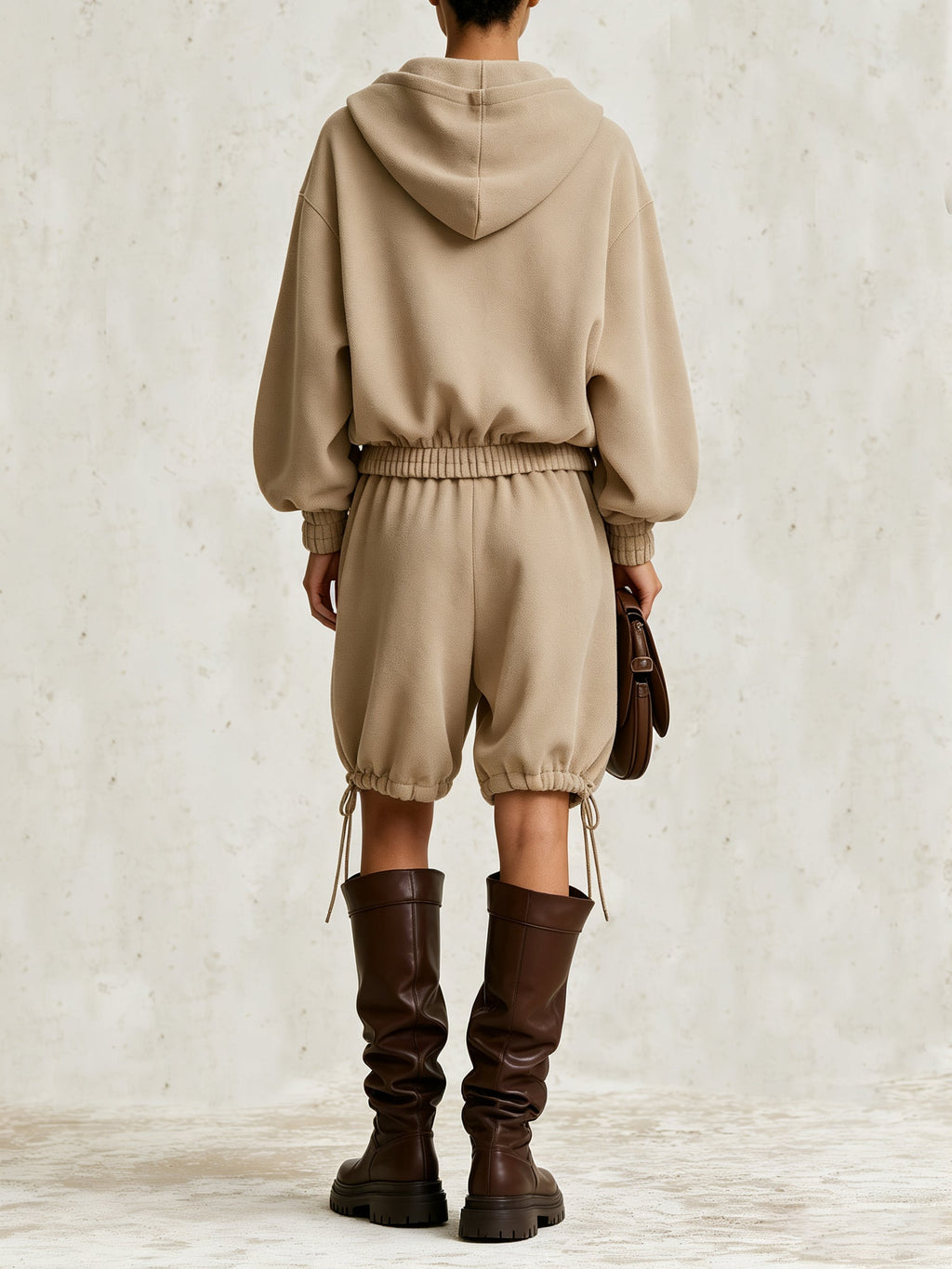 Khaki Hooded Utility Two-piece Set—loose-fitting Pullover Sweatshirt And Casual Shorts.
