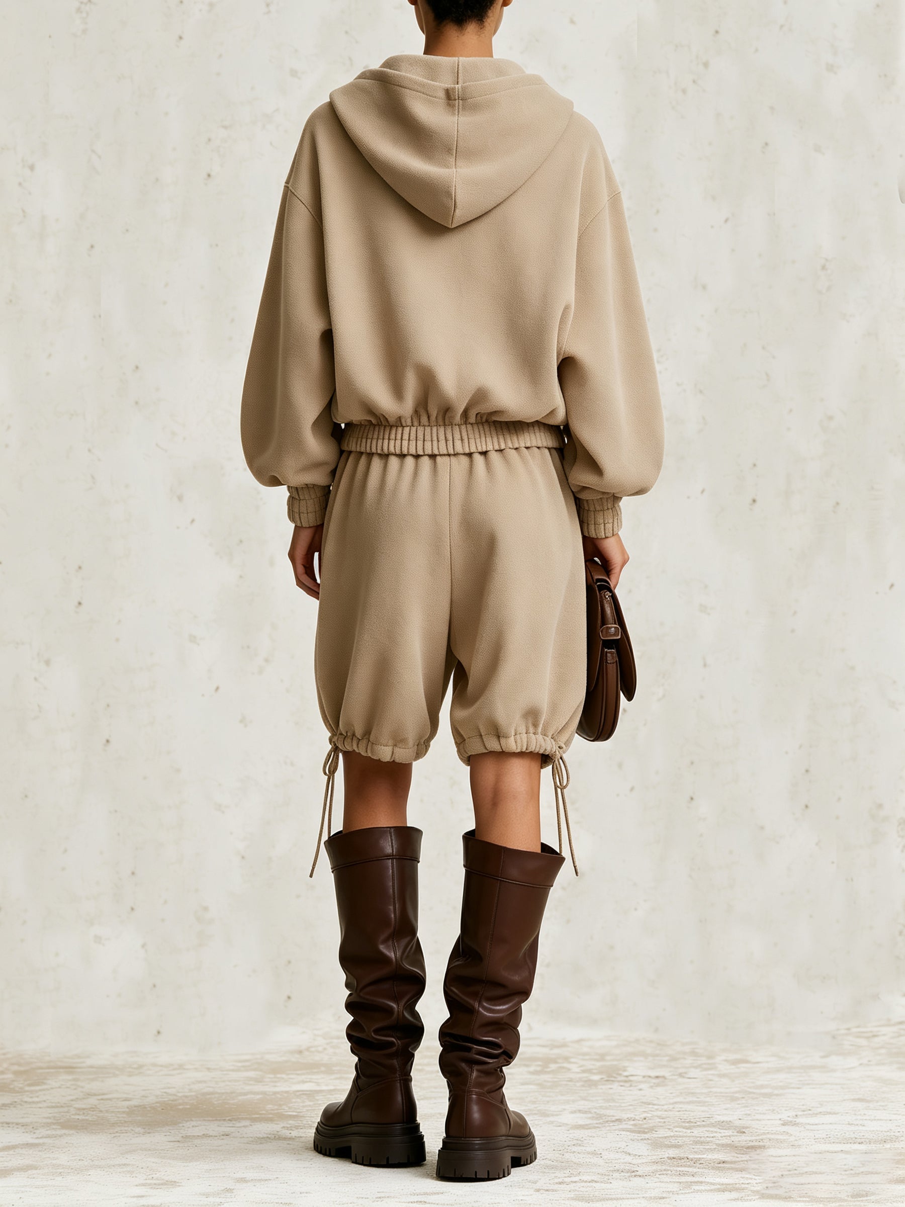 Khaki Hooded Utility Two-piece Set—loose-fitting Pullover Sweatshirt And Casual Shorts.