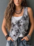 Boho Tie-Dye Asymmetric Button-Front Denim Vest