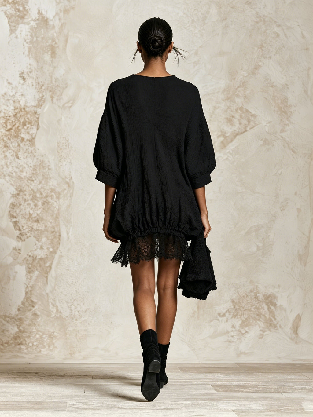 Elegant Black Lace Trim Mini Dress