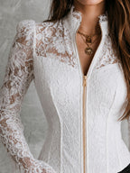 Romantic Stand Collar White Floral Lace Zipper Blouse With Flare Sleeve