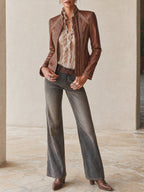 Women's Vintage Eco-friendly PU Jacket With Crochet Lace Trim