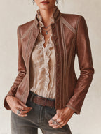 Women's Vintage Eco-friendly PU Jacket With Crochet Lace Trim