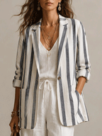 Effortless Linen Blend Oversized Ivory Pinstripe Suit Blazer