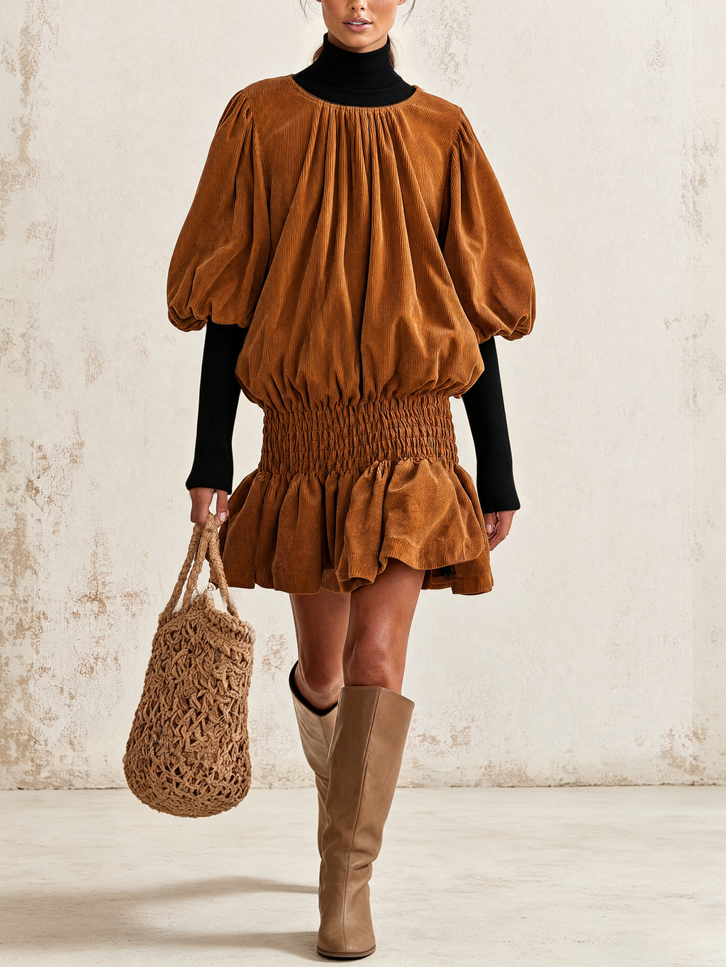 Gathered Neck Puff Sleeve Smocked Waist Corduroy Mini Dress