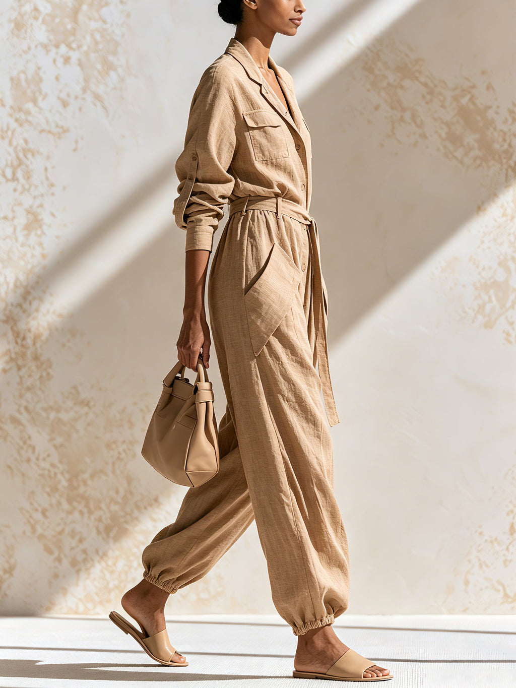 Women's Linen Blend Utility Jumpsuit – Long Sleeve Button Front Cargo Romper With Belt & Pockets