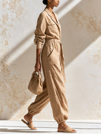 Women's Linen Blend Utility Jumpsuit – Long Sleeve Button Front Cargo Romper With Belt & Pockets