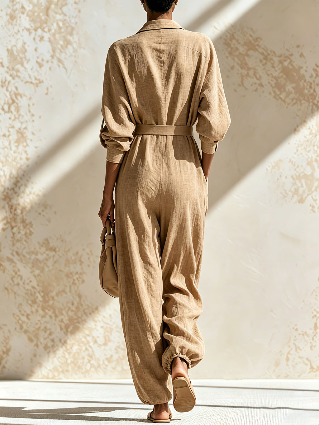 Women's Linen Blend Utility Jumpsuit – Long Sleeve Button Front Cargo Romper With Belt & Pockets