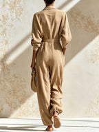 Women's Linen Blend Utility Jumpsuit – Long Sleeve Button Front Cargo Romper With Belt & Pockets