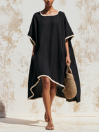 Fringe Trim Linen Hi-Lo Kaftan Midi Dress