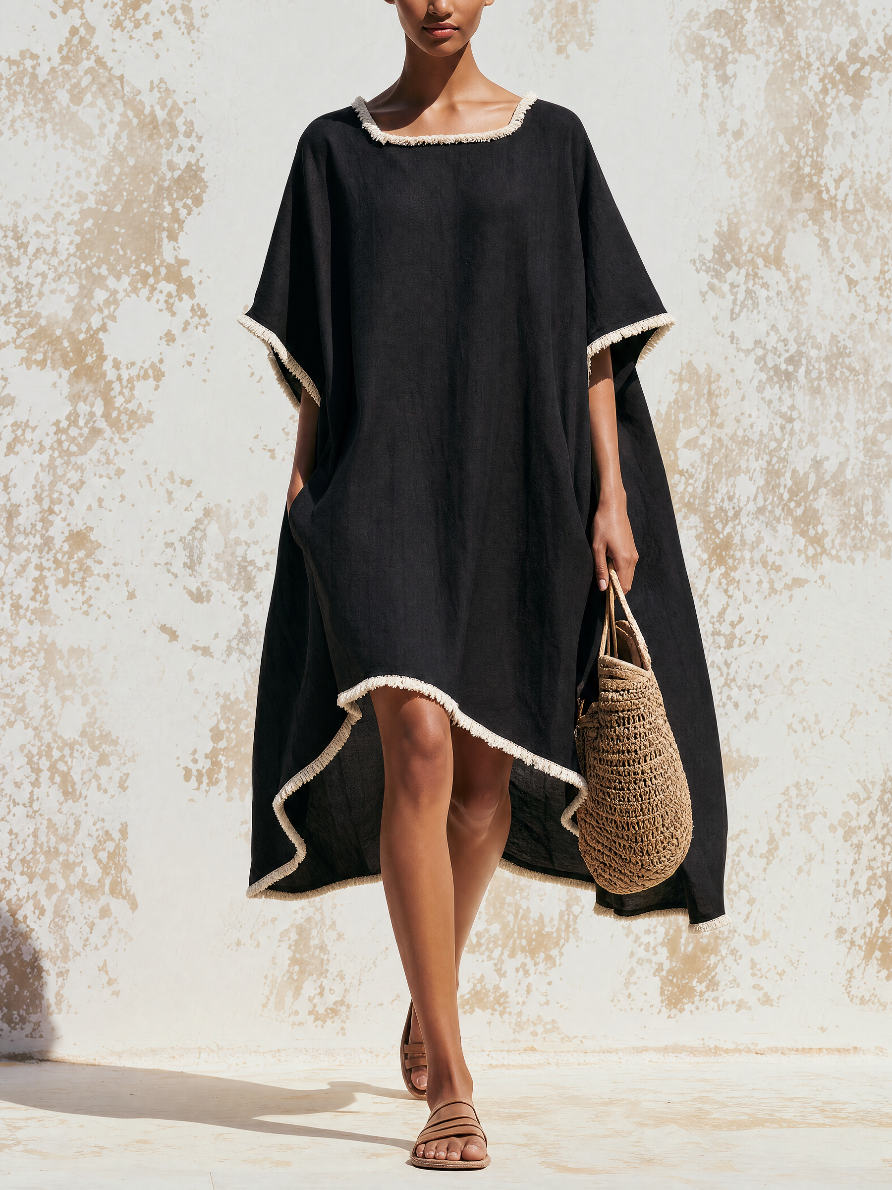 Fringe Trim Linen Hi-Lo Kaftan Midi Dress
