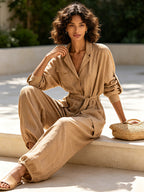Women's Linen Blend Utility Jumpsuit – Long Sleeve Button Front Cargo Romper With Belt & Pockets