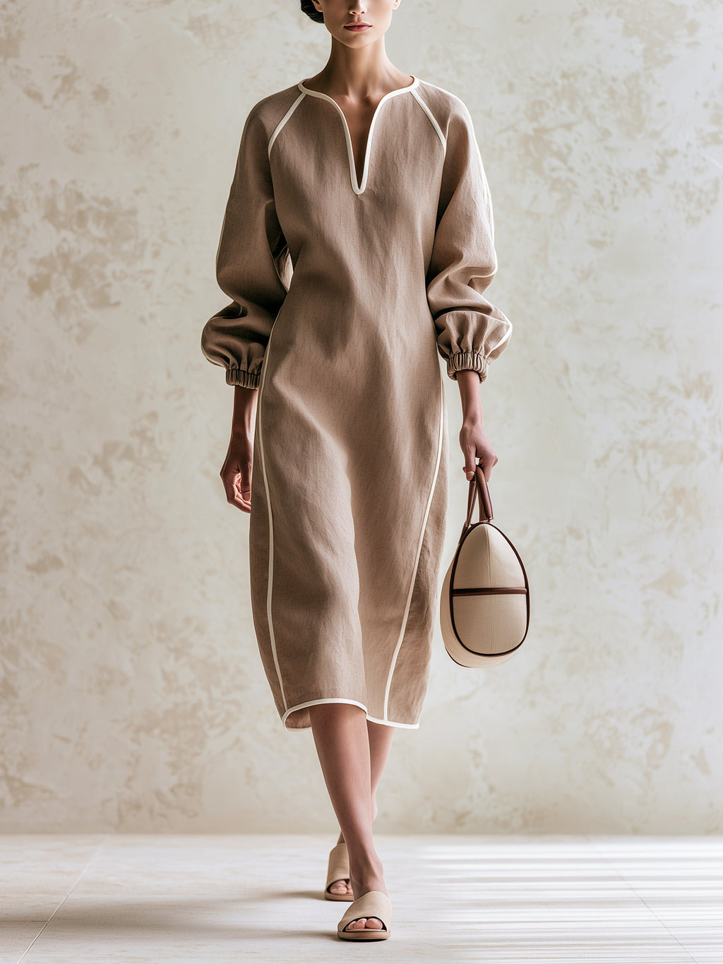 Minimalist Beige Linen Midi Dress For Women – Elegant Long Sleeve Tunic Dress With Contrast Piping Detail