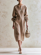 Minimalist Beige Linen Midi Dress For Women – Elegant Long Sleeve Tunic Dress With Contrast Piping Detail