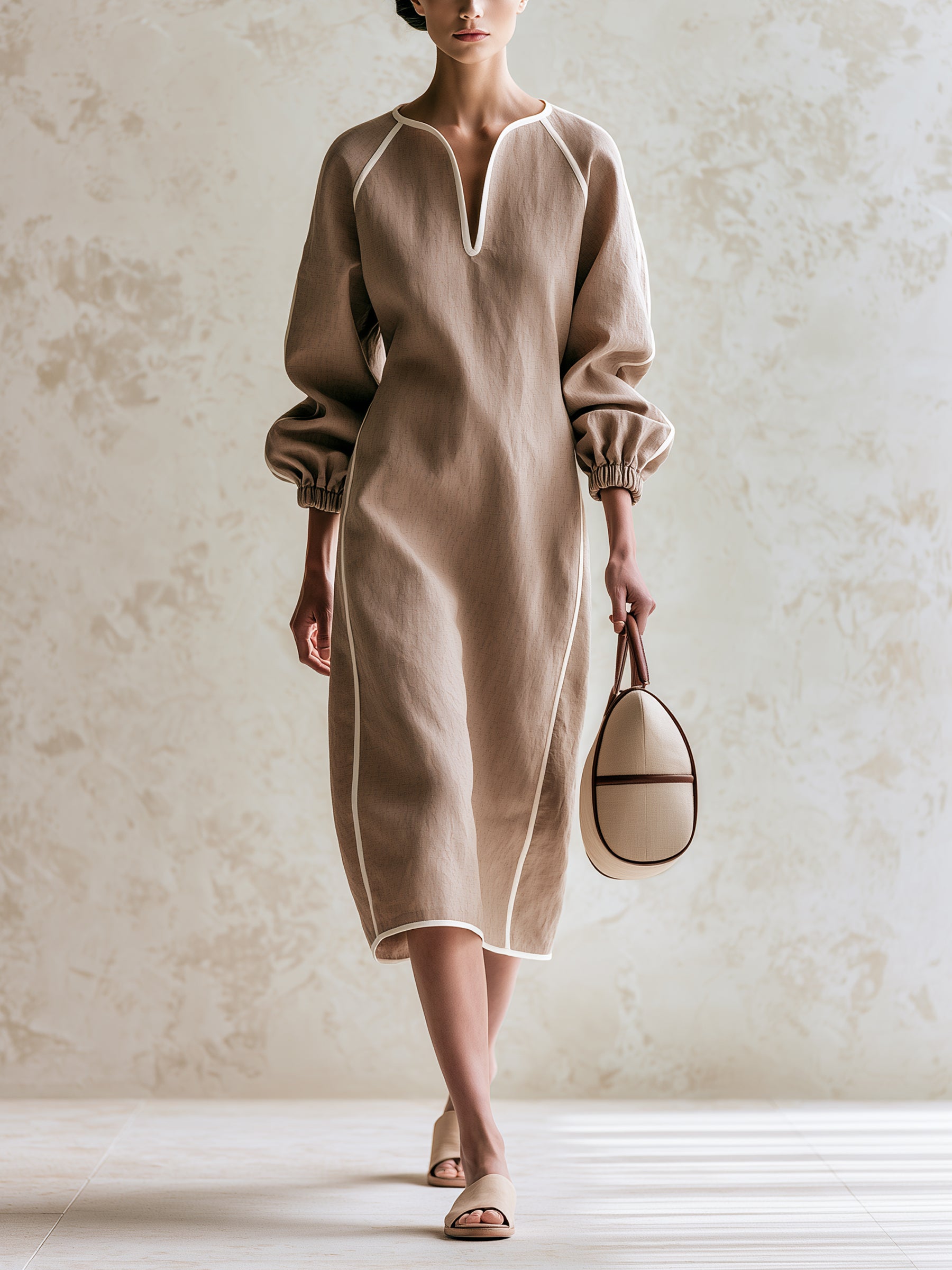 Minimalist Beige Linen Midi Dress For Women – Elegant Long Sleeve Tunic Dress With Contrast Piping Detail