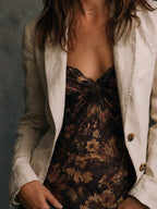 Ivory Linen Blazer And Floral Ruched Cami Set