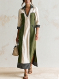 Olive Green & Off-White Color-Block Cotton Maxi Shirt Dress