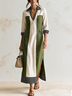 Olive Green & Off-White Color-Block Cotton Maxi Shirt Dress