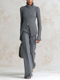 Minimalist Ribbed Knit Zip Jacket & Wide-Leg Pants Set – Elegant Two-Piece Lounge Suit