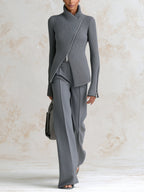 Minimalist Ribbed Knit Zip Jacket & Wide-Leg Pants Set – Elegant Two-Piece Lounge Suit