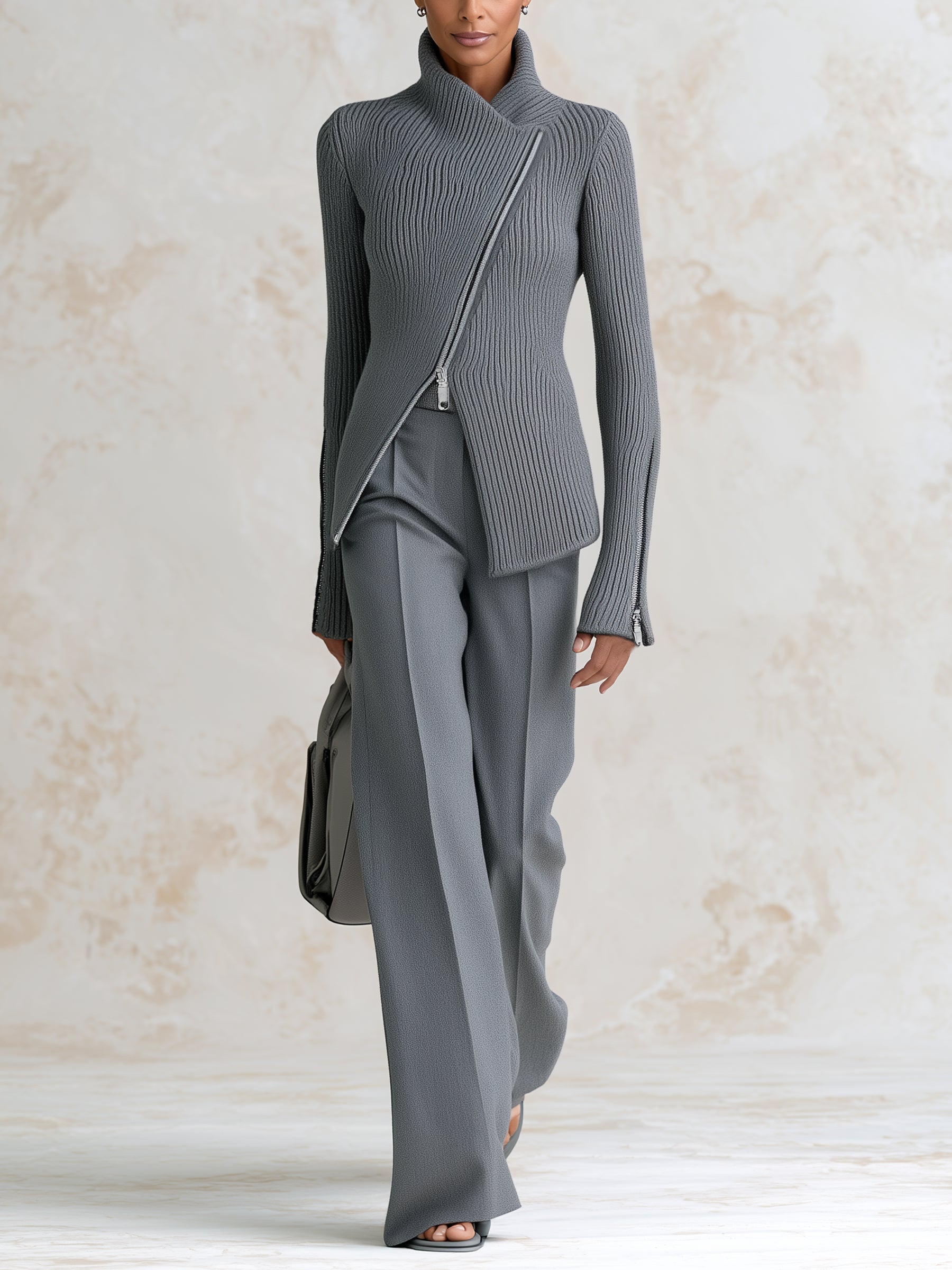 Minimalist Ribbed Knit Zip Jacket & Wide-Leg Pants Set – Elegant Two-Piece Lounge Suit
