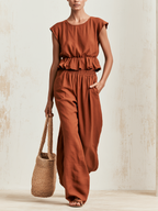Cap Sleeve Ruffle Hem Crop Top & Elastic Waist Wide Leg Linen Two-Piece Set