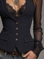 Classic Black Striped Sheer Chiffon Long-sleeve Lace Slim-fit Suit