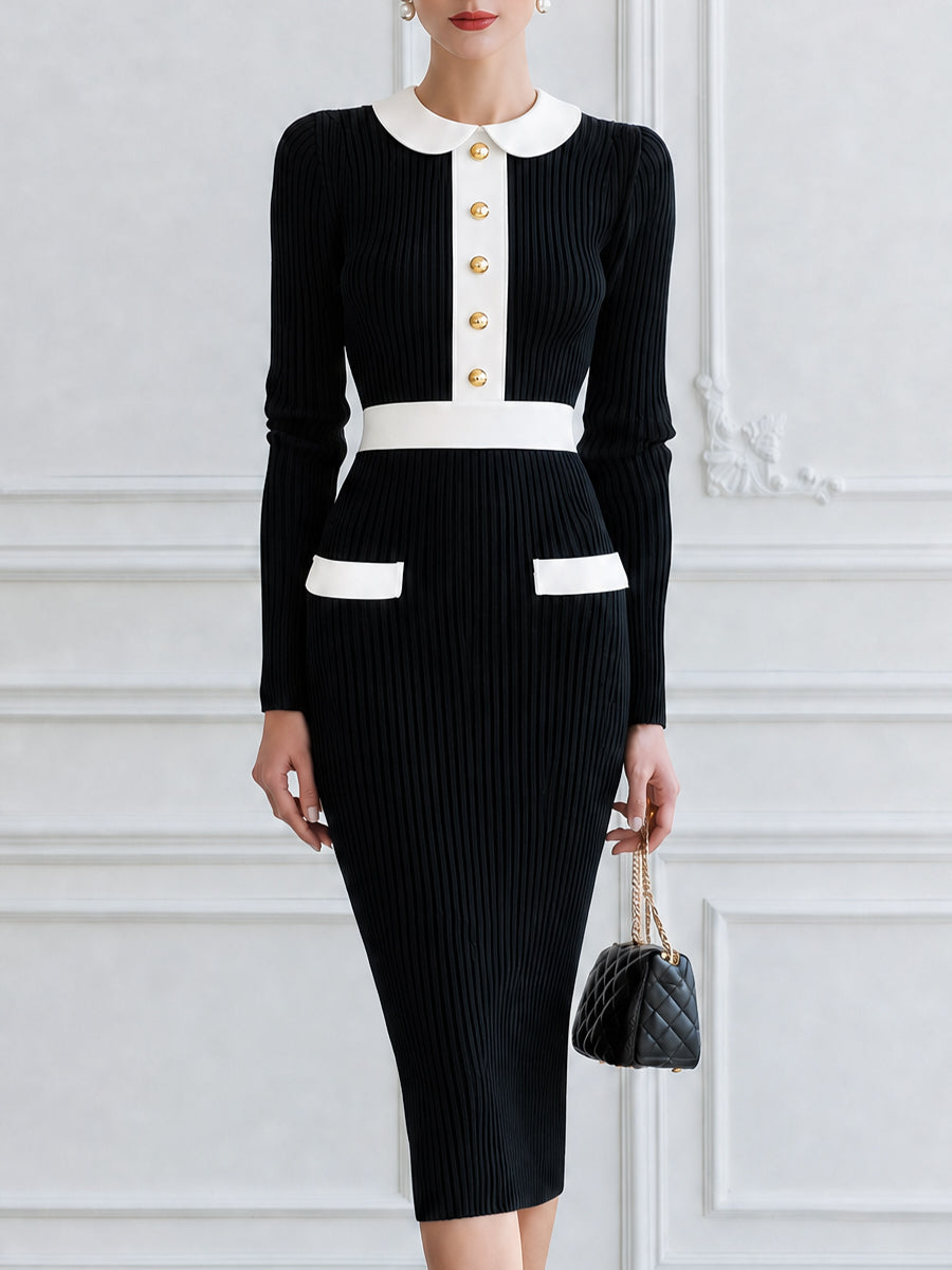 Contrast Peter Pan Collar Ribbed Knit Bodycon Midi Dress with Gold Buttons