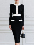Contrast Peter Pan Collar Ribbed Knit Bodycon Midi Dress with Gold Buttons