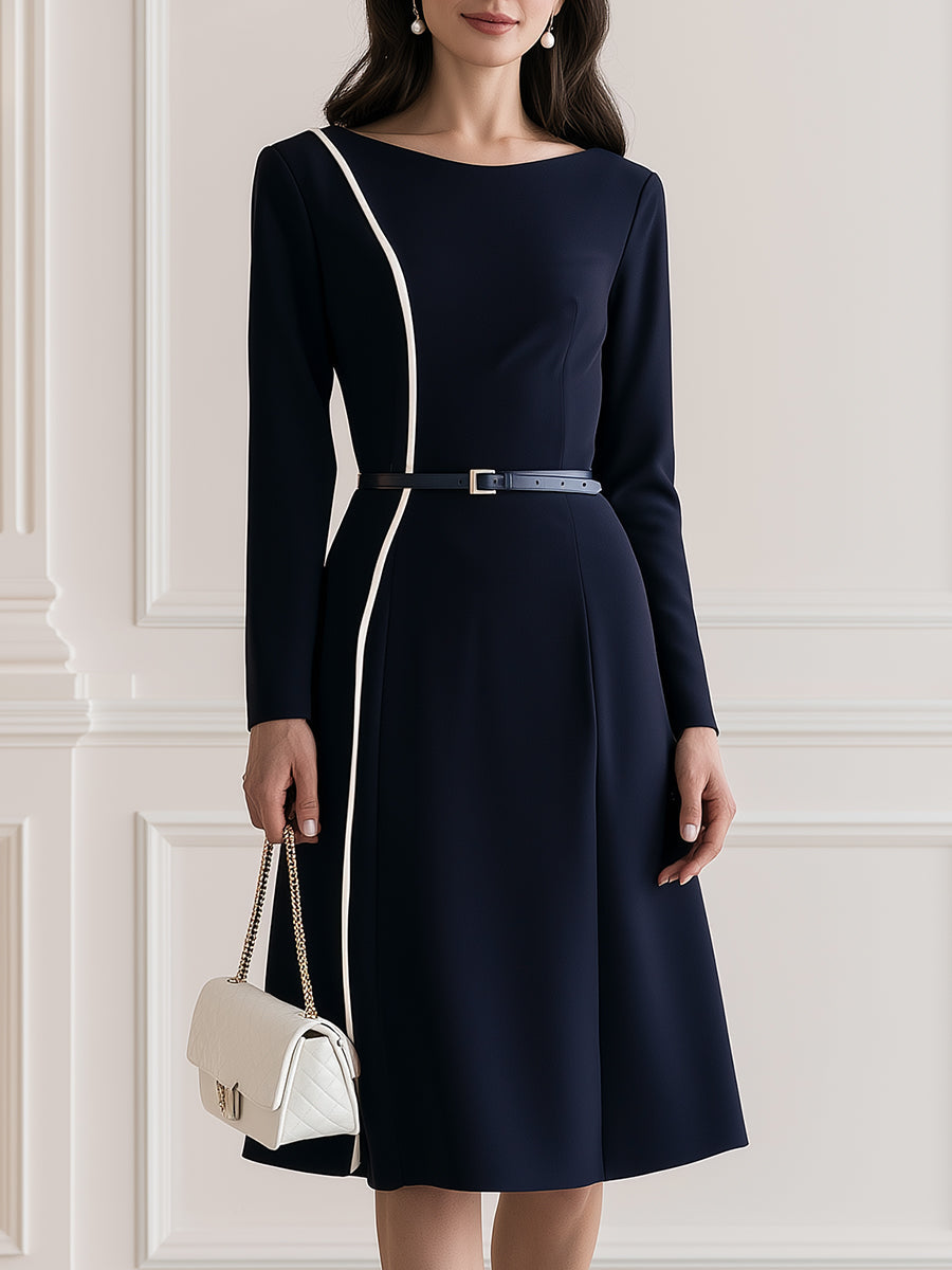 Women's Elegant Long Sleeve Contrast Piping A-Line Midi Dress with Belt