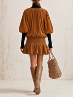 Gathered Neck Puff Sleeve Smocked Waist Corduroy Mini Dress