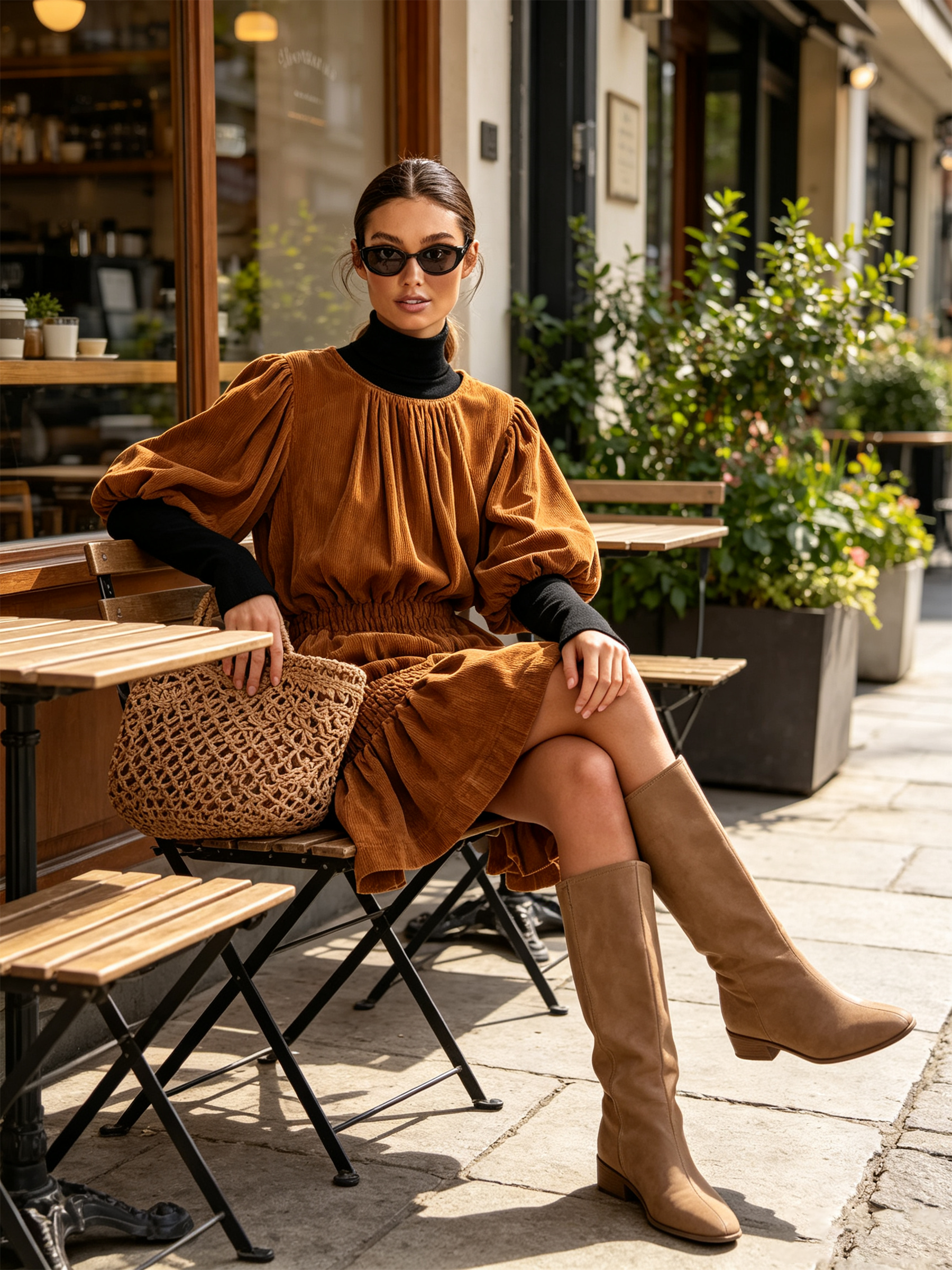 Gathered Neck Puff Sleeve Smocked Waist Corduroy Mini Dress
